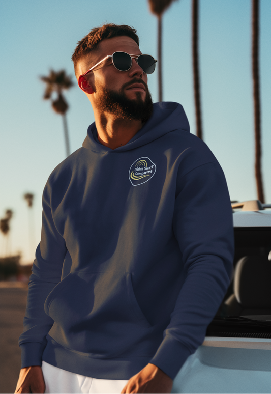 Man wearing a green hoodie with 'Surf Company' logo against a palm tree-lined background