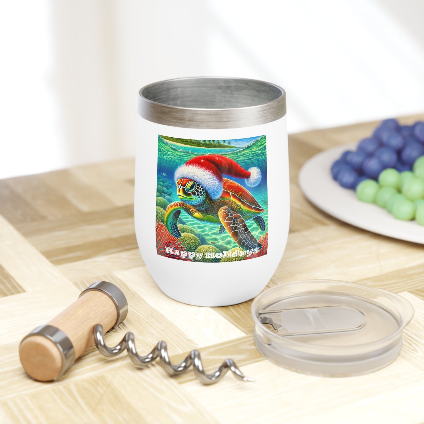Happy Holidays Sea Turtle Christmas Wine Tumbler 12oz - O'ahu Surf Company