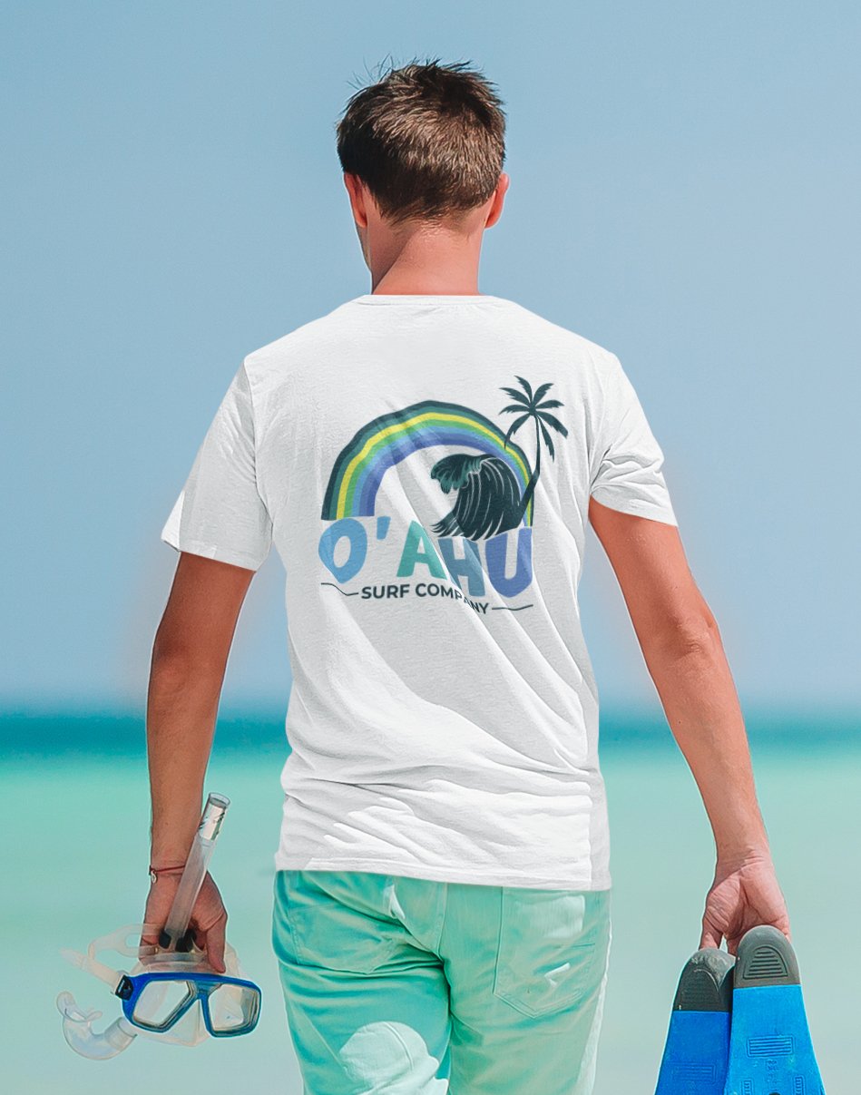 Rainbow Wave Palm T-Shirt – Island Vibes Classic Vintage Surf Style Tee - O'ahu Surf Company