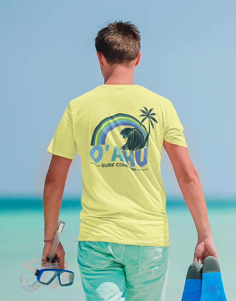 Rainbow Wave Palm T-Shirt – Island Vibes Classic Vintage Surf Style Tee - O'ahu Surf Company