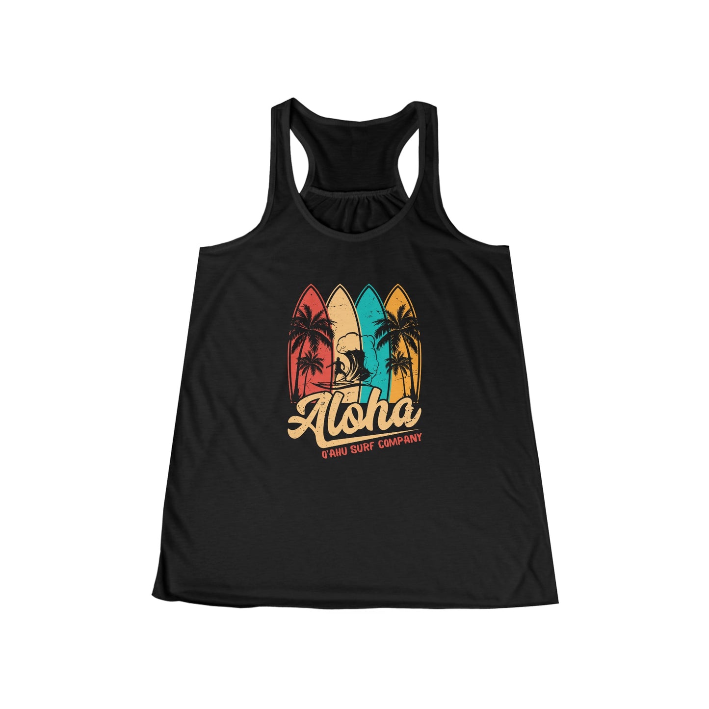 Oahu Hawaii Aloha Surfboard Flowy Racerback Women's Tank Black. Oahu Hawaii surf tank. Womens surf tank top.