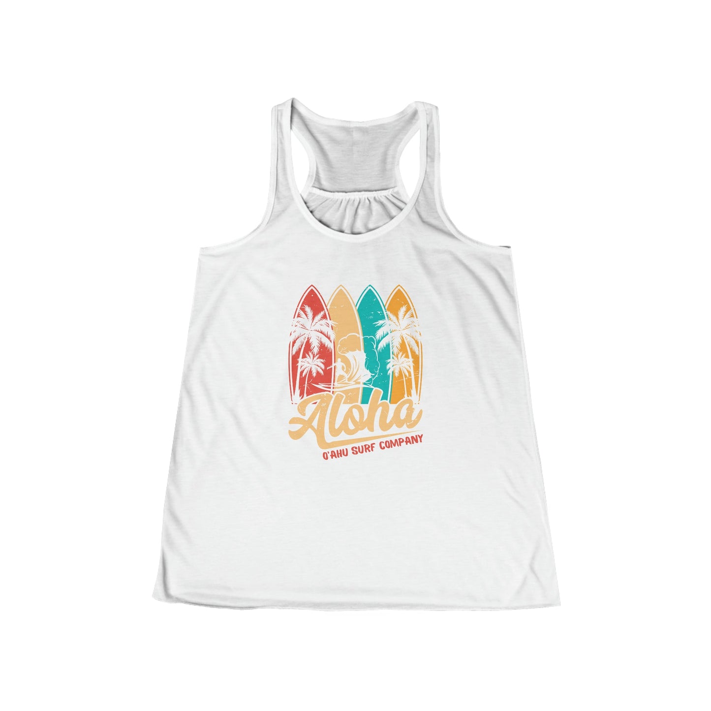 Oahu Hawaii Aloha Surfboard Flowy Racerback Women's Tank White. Oahu Hawaii surf tank. Womens surf tank top.