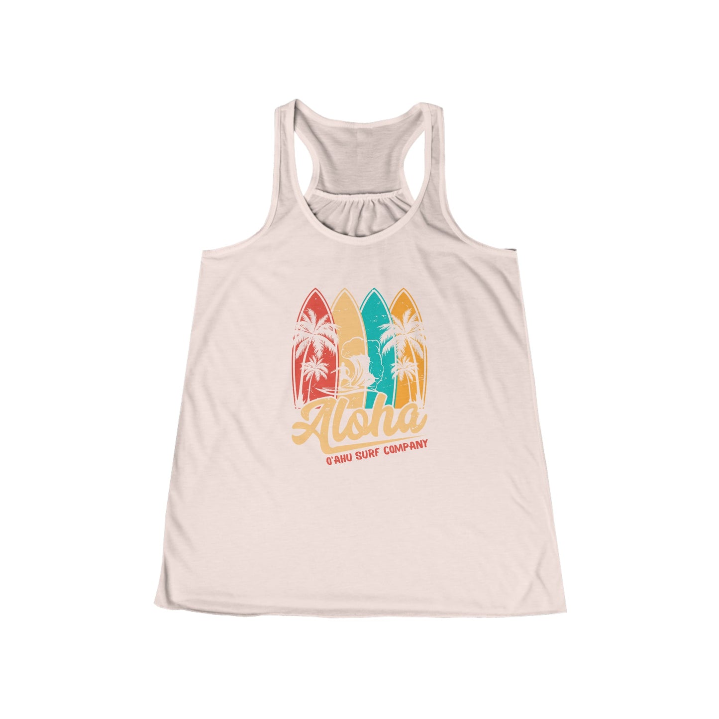Oahu Hawaii Aloha Surfboard Flowy Racerback Women's Tank Soft Pink. Oahu Hawaii surf tank. Womens surf tank top.