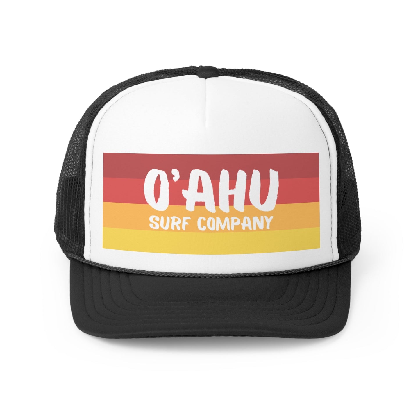 O'ahu Surf Company Trucker Cap - Red/Yellow. Black hat with red orange and yellow colors. Oahu hawaii hat. Surfer cap.