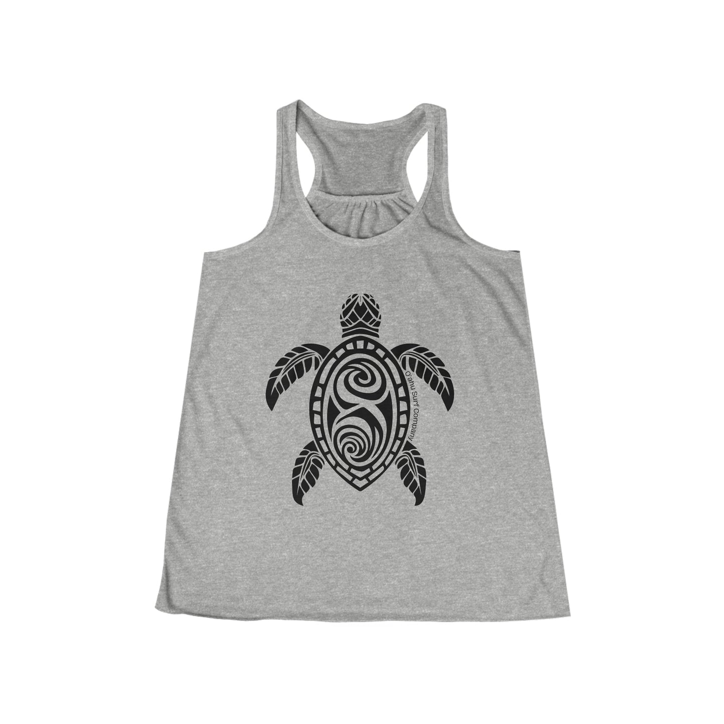 O'ahu Surf Company Turtle Flowy Racerback Women's Tank Athletic Heather. Womens tropical tank with Honu sea turtle on front.
