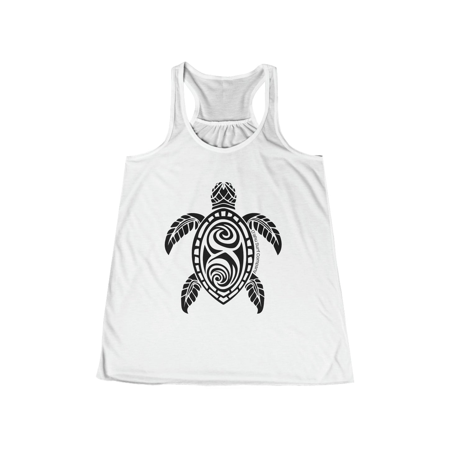O'ahu Surf Company Turtle Flowy Racerback Women's Tank White. Womens tropical tank with Honu sea turtle on front.