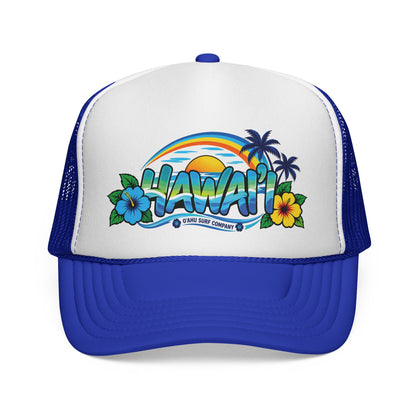 Hawaii Tropical Sunset Trucker Hat – Rainbow Hibiscus Surf Cap
