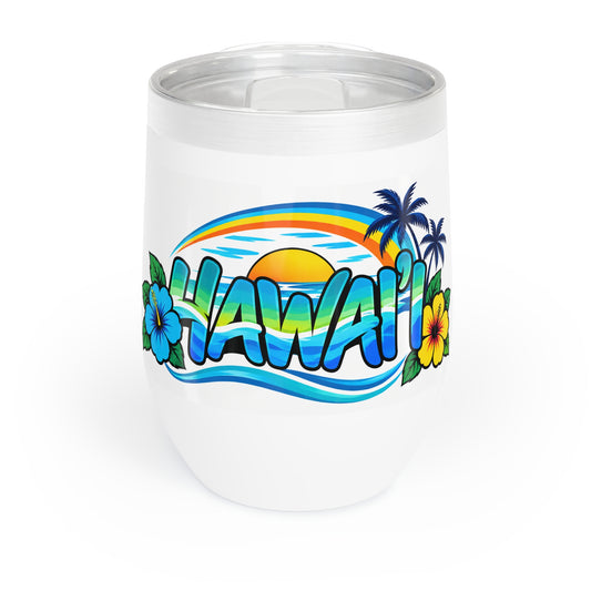 Hawaii Wine Tumbler – Tropical Sunset Rainbow & Hibiscus