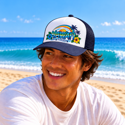 Hawaii Tropical Sunset Trucker Hat – Rainbow Hibiscus Surf Cap