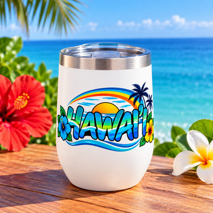 Hawaii Wine Tumbler – Tropical Sunset Rainbow & Hibiscus