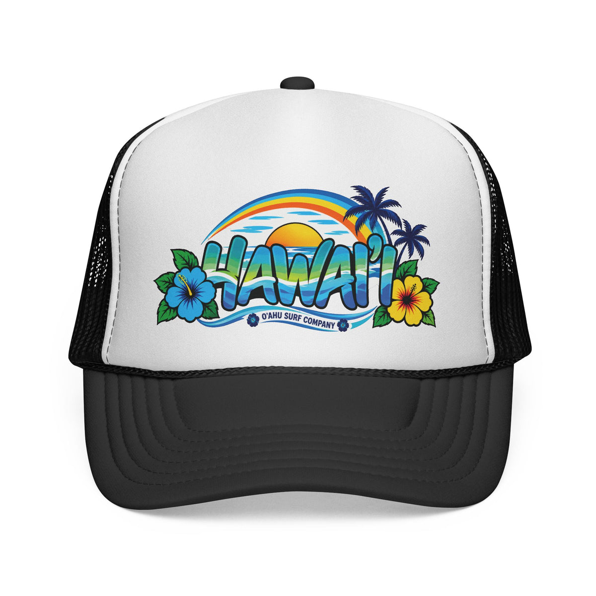 Hawaii Tropical Sunset Trucker Hat – Rainbow Hibiscus Surf Cap
