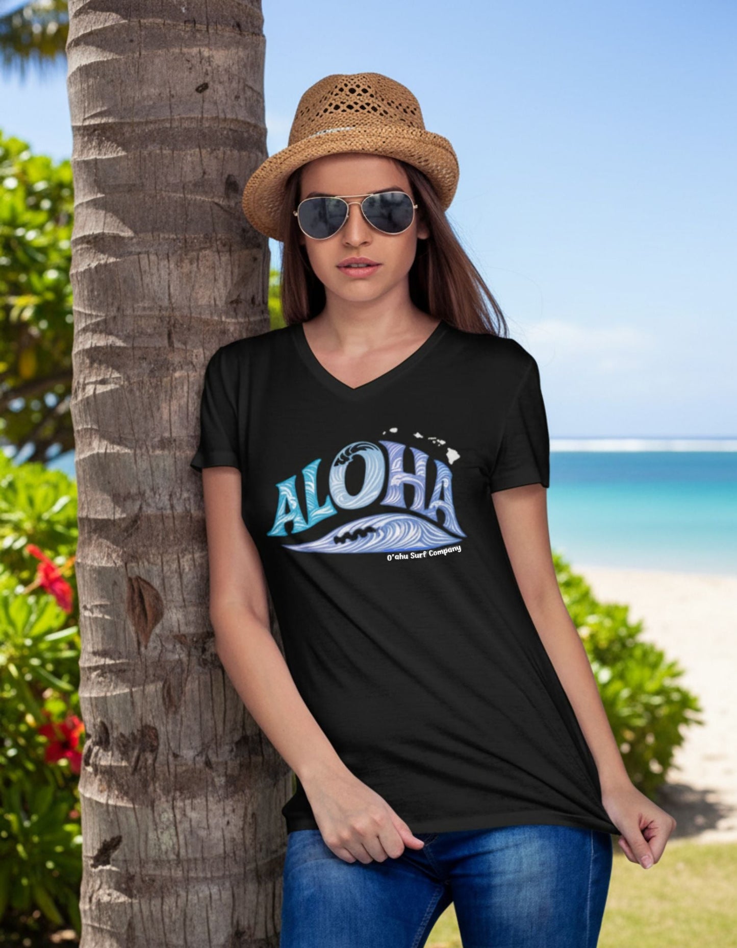Aloha Hawaii Ocean Wave V - Neck Tee - O'ahu Surf Company