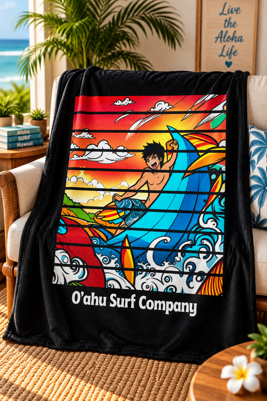 Anime Shredding Waves Hawaii Surfer Throw Blanket - O'ahu Surf Company