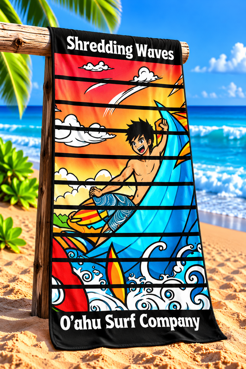 Anime Surfer Shredding Waves Beach Towel - O'ahu Surf Company