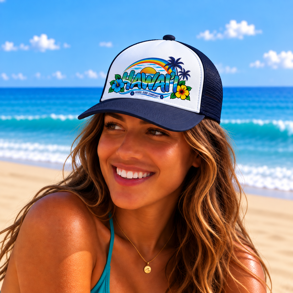 Hawaii Tropical Sunset Trucker Hat – Rainbow Hibiscus Surf Cap