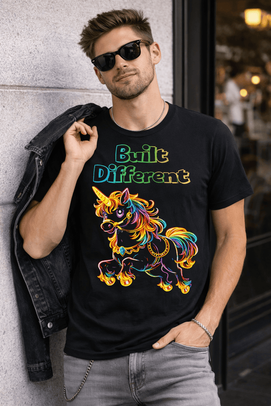 Built Different Rainbow Unicorn Neon Men's Tee Shirt - O'ahu Surf Company
