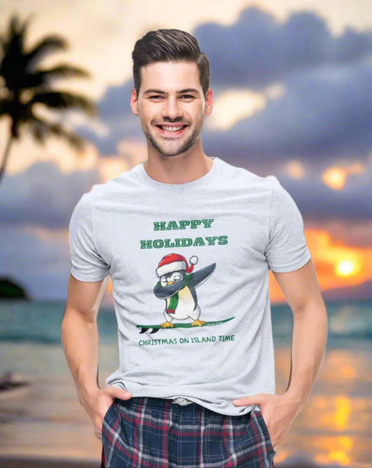 Christmas on Island Time Penguin Surfing T-Shirt - O'ahu Surf Company