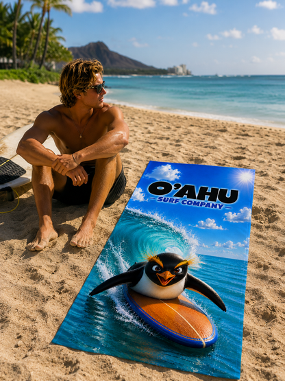 Fiordland Crested Penguin Surfing Beach Towel - O'ahu Surf Company