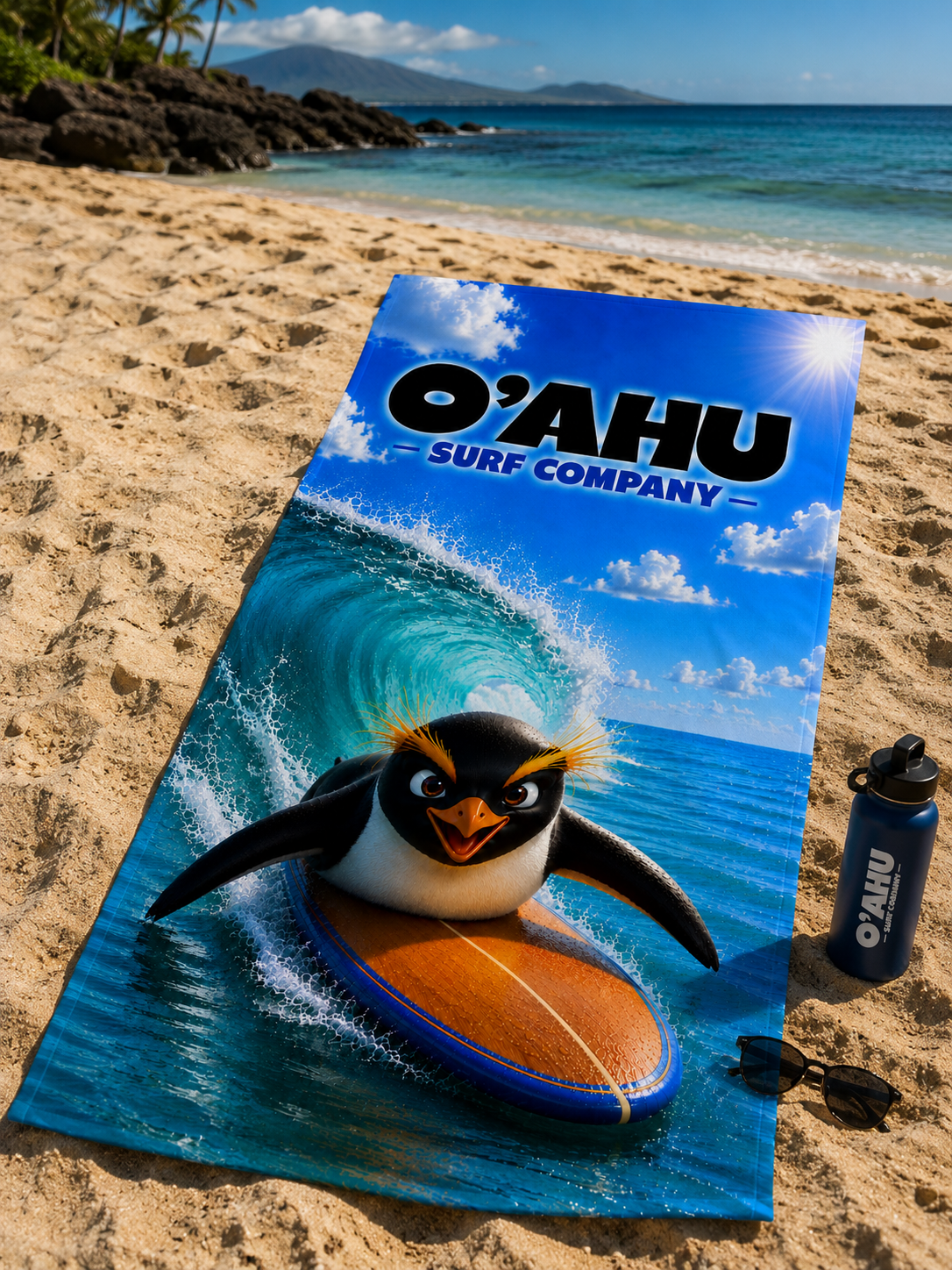 Fiordland Crested Penguin Surfing Beach Towel - O'ahu Surf Company