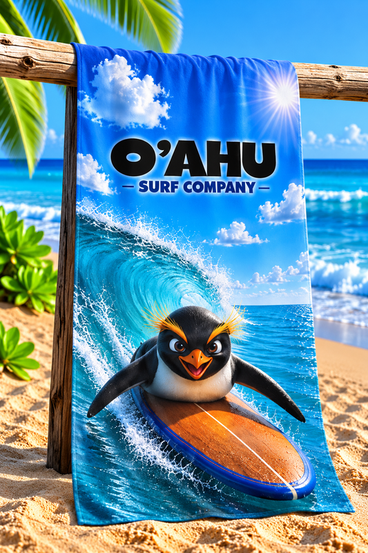 Fiordland Crested Penguin Surfing Beach Towel - O'ahu Surf Company
