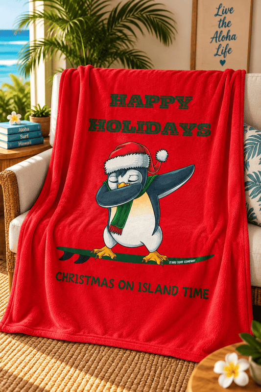Happy Holidays Christmas on Island Time Penguin Surfing Fleece Throw Blanket - O'ahu Surf Company
