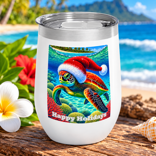 Happy Holidays Sea Turtle Christmas Wine Tumbler 12oz - O'ahu Surf Company