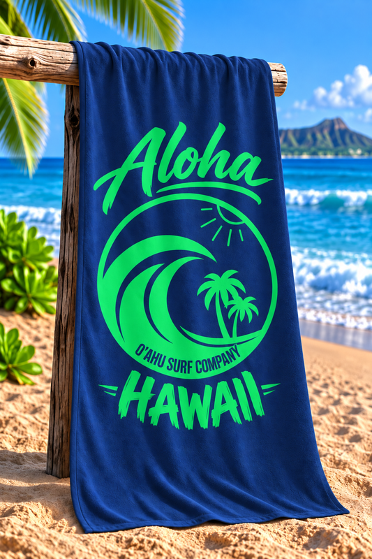 Hawaii Aloha Ocean Wave Beach Towel – Blue & Green - O'ahu Surf Company