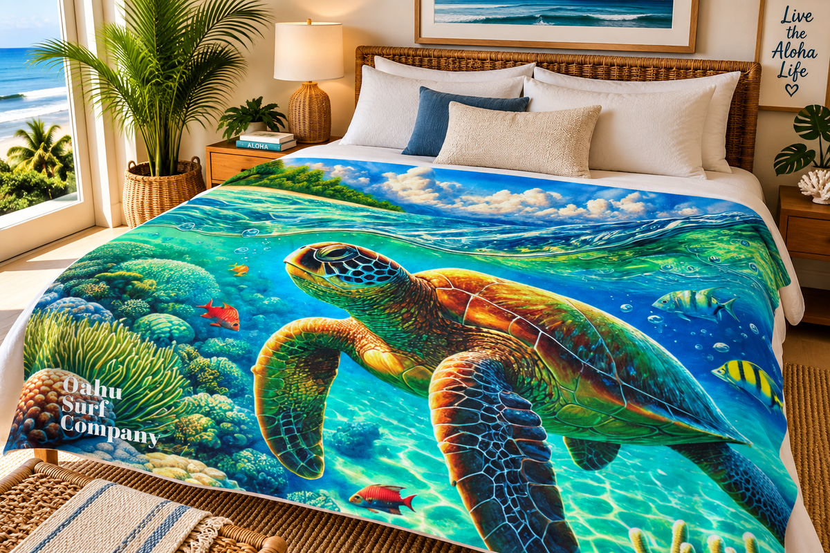 Hawaii Green Sea Turtle Fleece Throw Blanket - O'ahu Surf Company