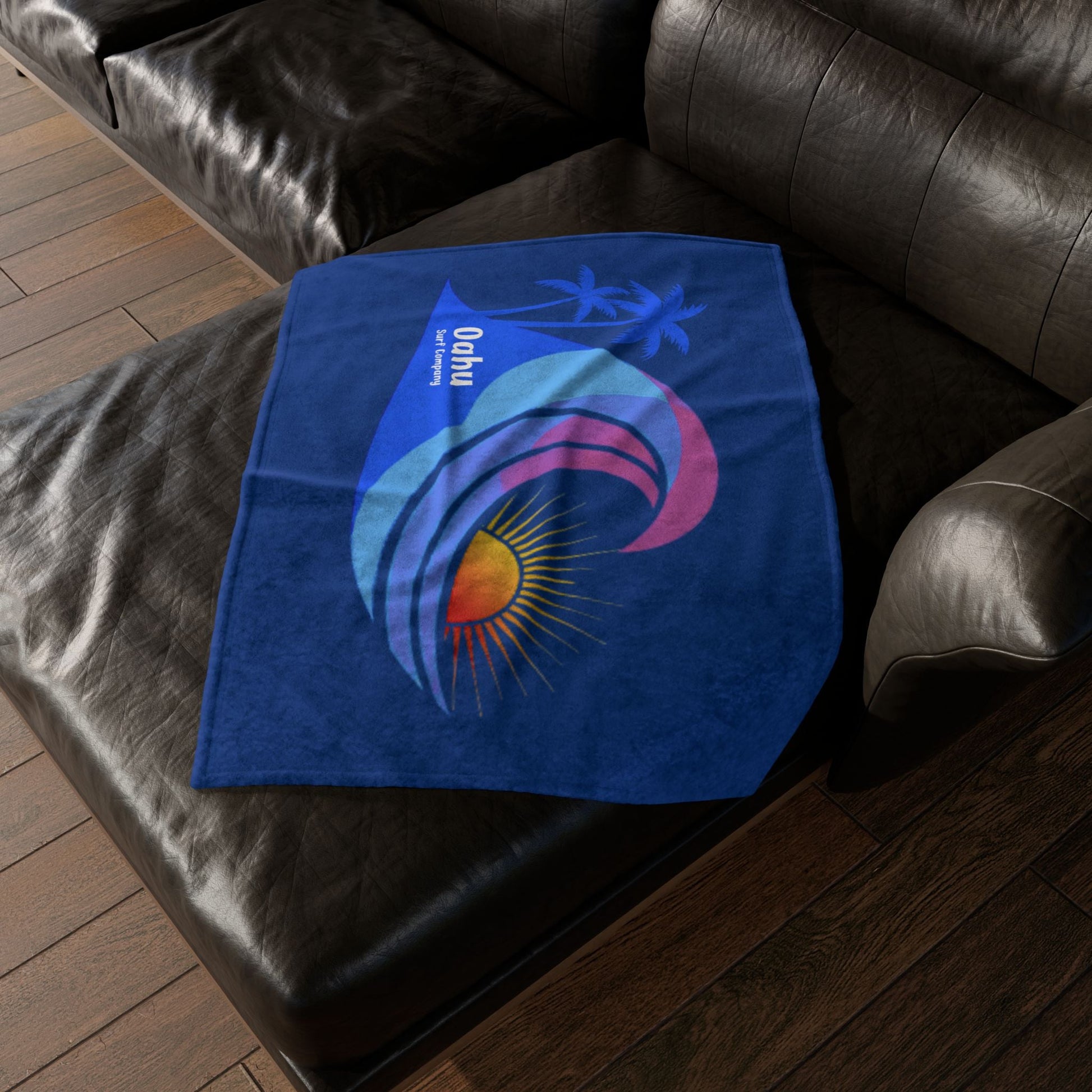 Hawaii Sunset Rainbow Wave Soft Fleece Throw Blanket for Couch, Bed, Travel - Blue - O'ahu Surf Company