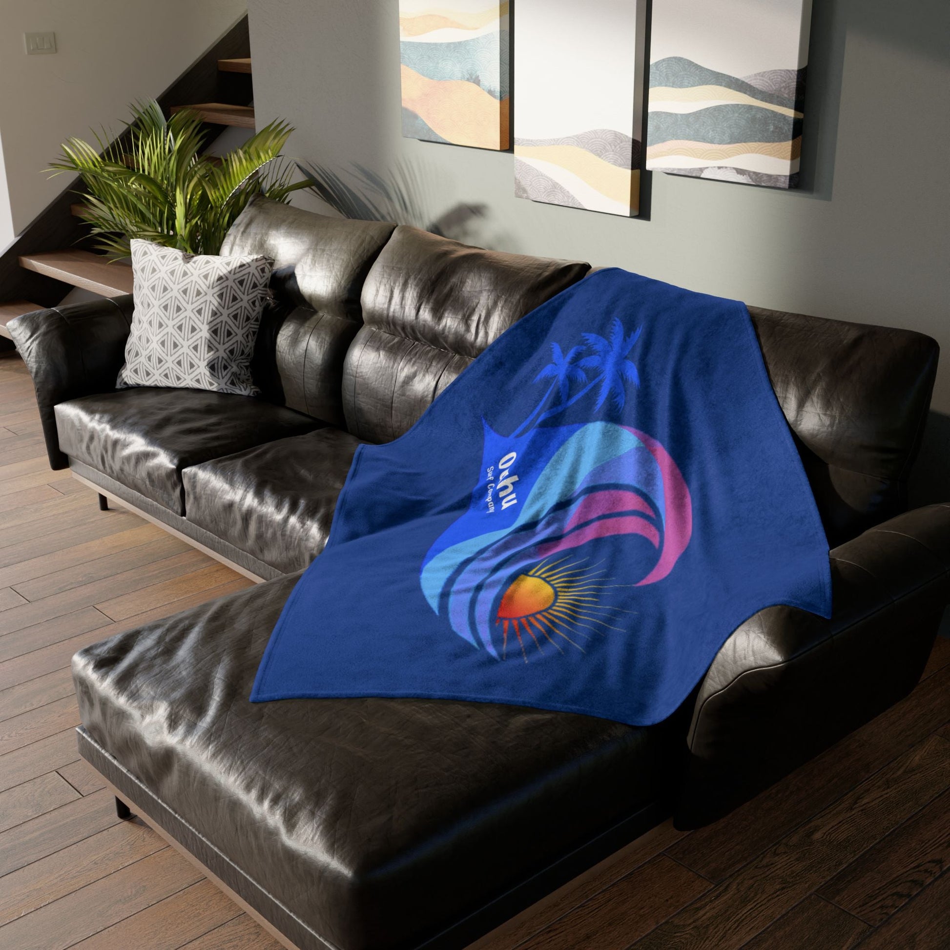 Hawaii Sunset Rainbow Wave Soft Fleece Throw Blanket for Couch, Bed, Travel - Blue - O'ahu Surf Company