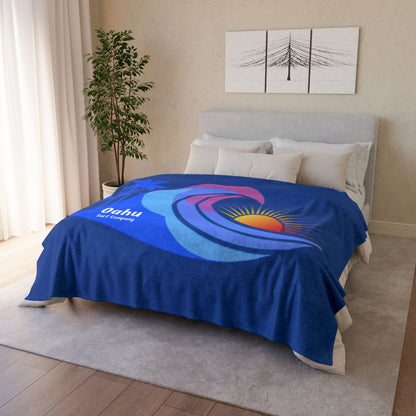 Hawaii Sunset Rainbow Wave Soft Fleece Throw Blanket for Couch, Bed, Travel - Blue - O'ahu Surf Company