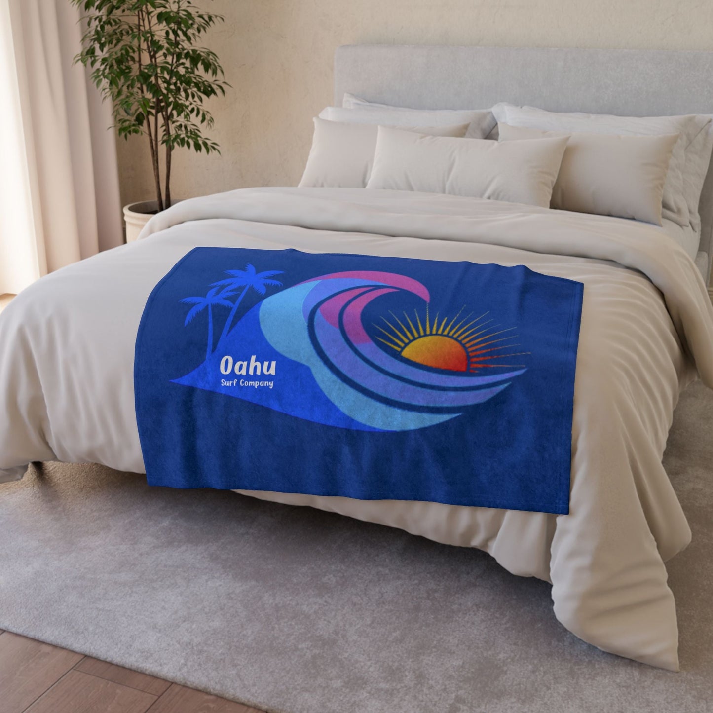 Hawaii Sunset Rainbow Wave Soft Fleece Throw Blanket for Couch, Bed, Travel - Blue - O'ahu Surf Company