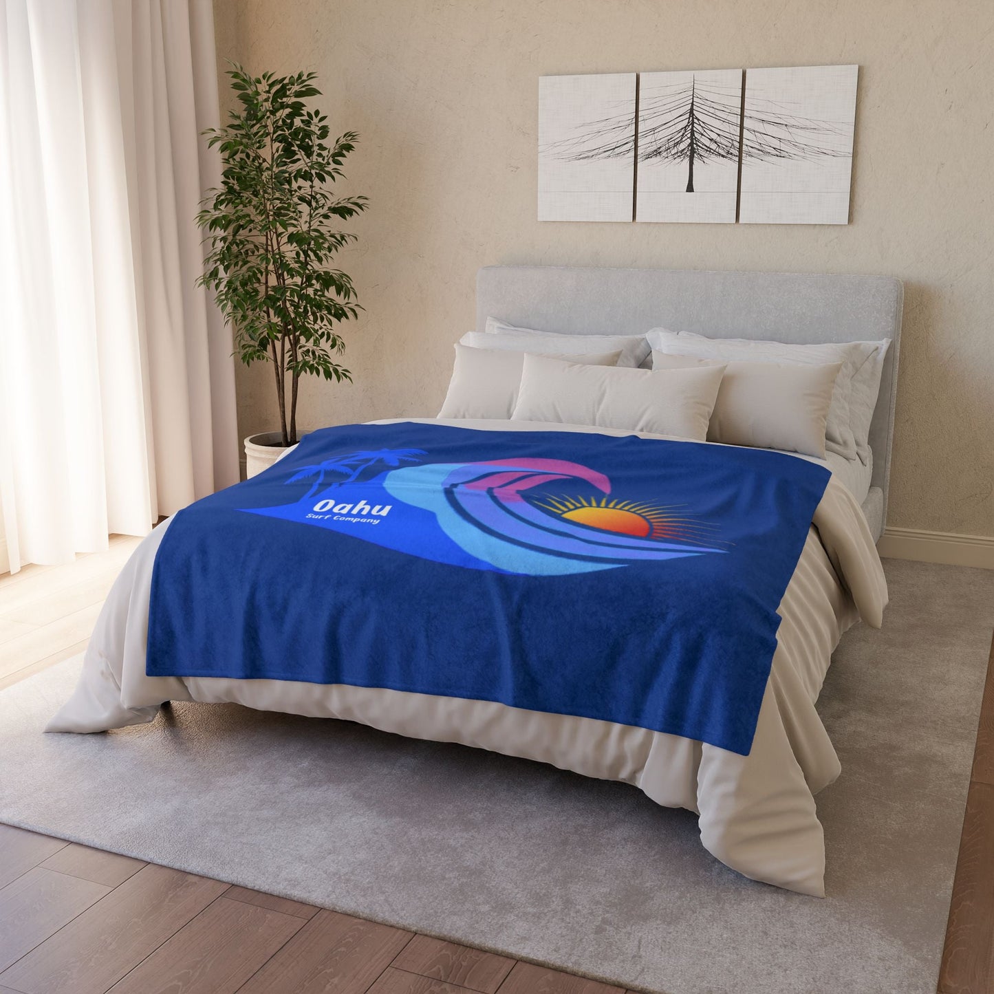 Hawaii Sunset Rainbow Wave Soft Fleece Throw Blanket for Couch, Bed, Travel - Blue - O'ahu Surf Company