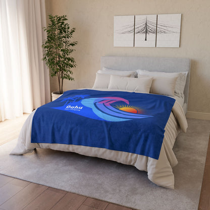 Hawaii Sunset Rainbow Wave Soft Fleece Throw Blanket for Couch, Bed, Travel - Blue - O'ahu Surf Company