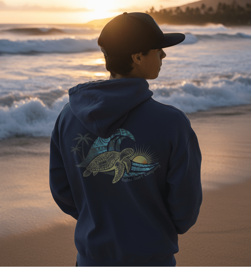 Hawaii Surf Hoodie – Hawaiian Surf Sweatshirt with Island Style Wave and Sea Turtle Design - O'ahu Surf Company