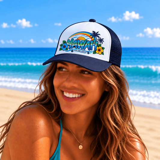 Hawaii Tropical Sunset Trucker Hat – Rainbow Hibiscus Surf Cap - O'ahu Surf Company