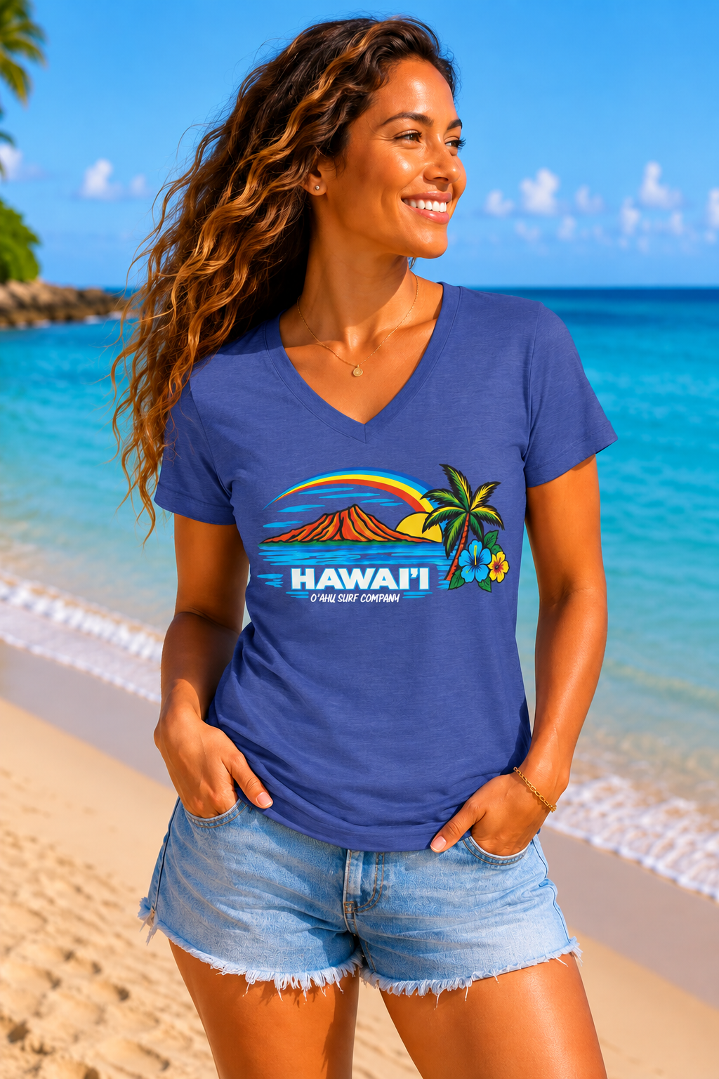 Hawaii Tropical Sunset V-Neck Tee Shirt - O'ahu Surf Company