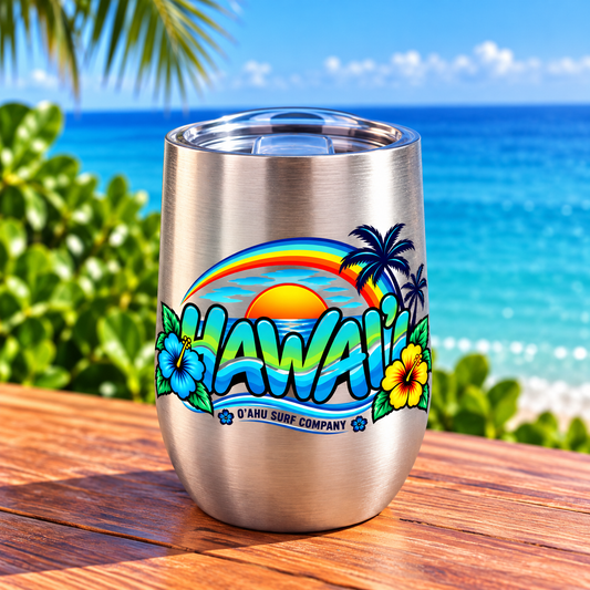 Hawaii Wine Tumbler – Tropical Sunset Rainbow & Hibiscus - O'ahu Surf Company
