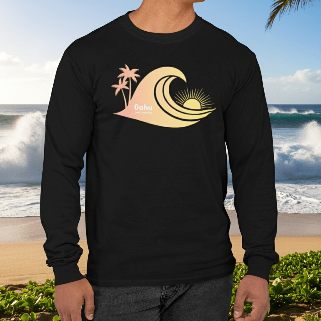 Hawaiian Sea Turtle Sunset Ocean Wave Long Sleeve Graphic Tee - O'ahu Surf Company