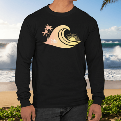 Hawaiian Sea Turtle Sunset Ocean Wave Long Sleeve Graphic Tee - O'ahu Surf Company