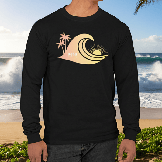 Hawaiian Sea Turtle Sunset Ocean Wave Long Sleeve Graphic Tee - O'ahu Surf Company