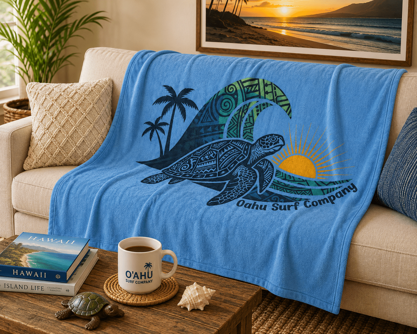 Hawaiian Sea Turtle Throw Blanket Super Soft Fleece - Light Blue - O'ahu Surf Company