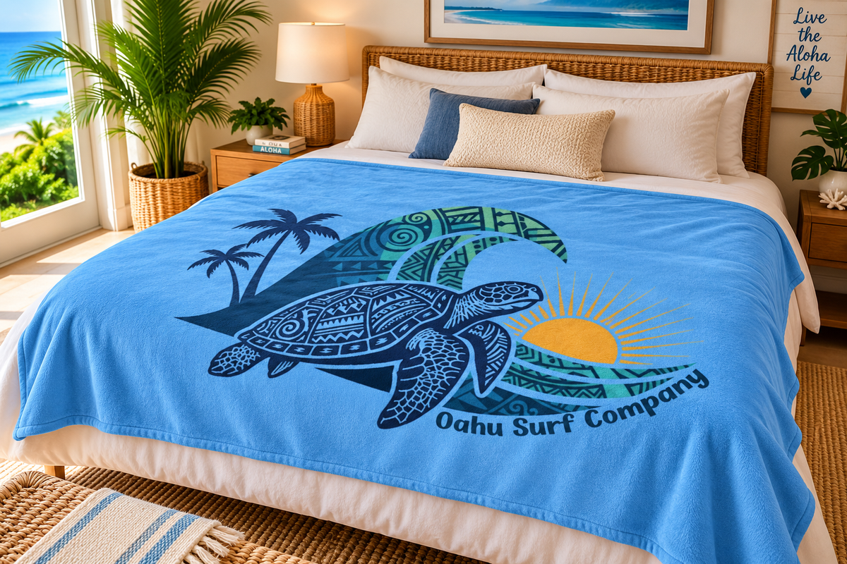 Hawaiian Sea Turtle Throw Blanket Super Soft Fleece - Light Blue - O'ahu Surf Company