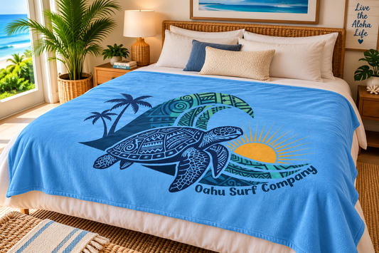Hawaiian Sea Turtle Throw Blanket Super Soft Fleece - Light Blue - O'ahu Surf Company