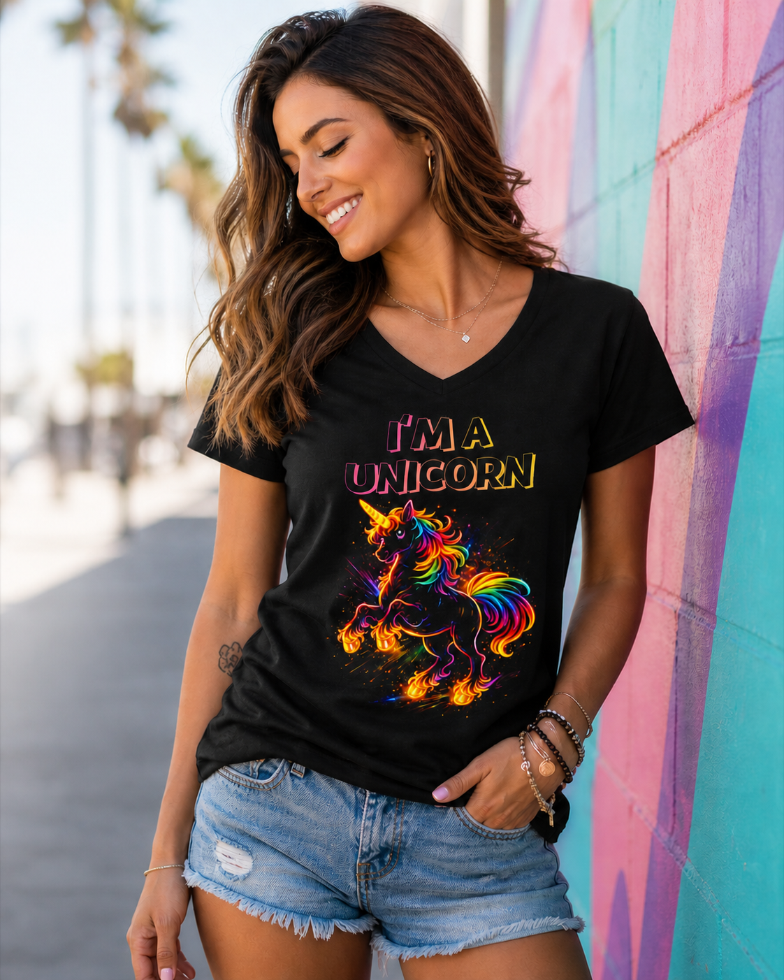 I’m a Unicorn Neon Graphic V - Neck Tee – Fun Statement Survivor Shirt - O'ahu Surf Company