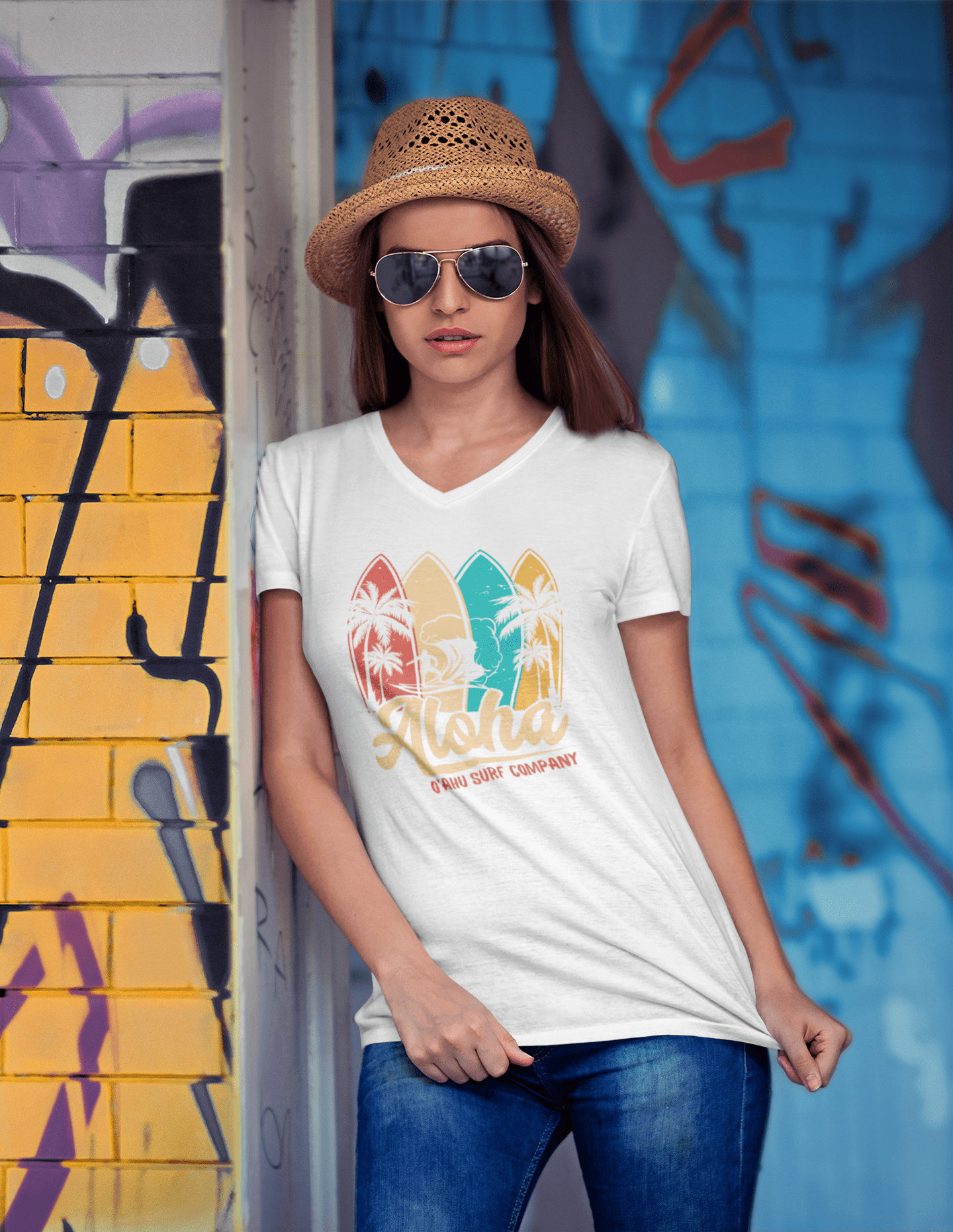 O'ahu Surf Company Aloha Surf Board Unisex V - Neck T-Shirt - O'ahu Surf Company