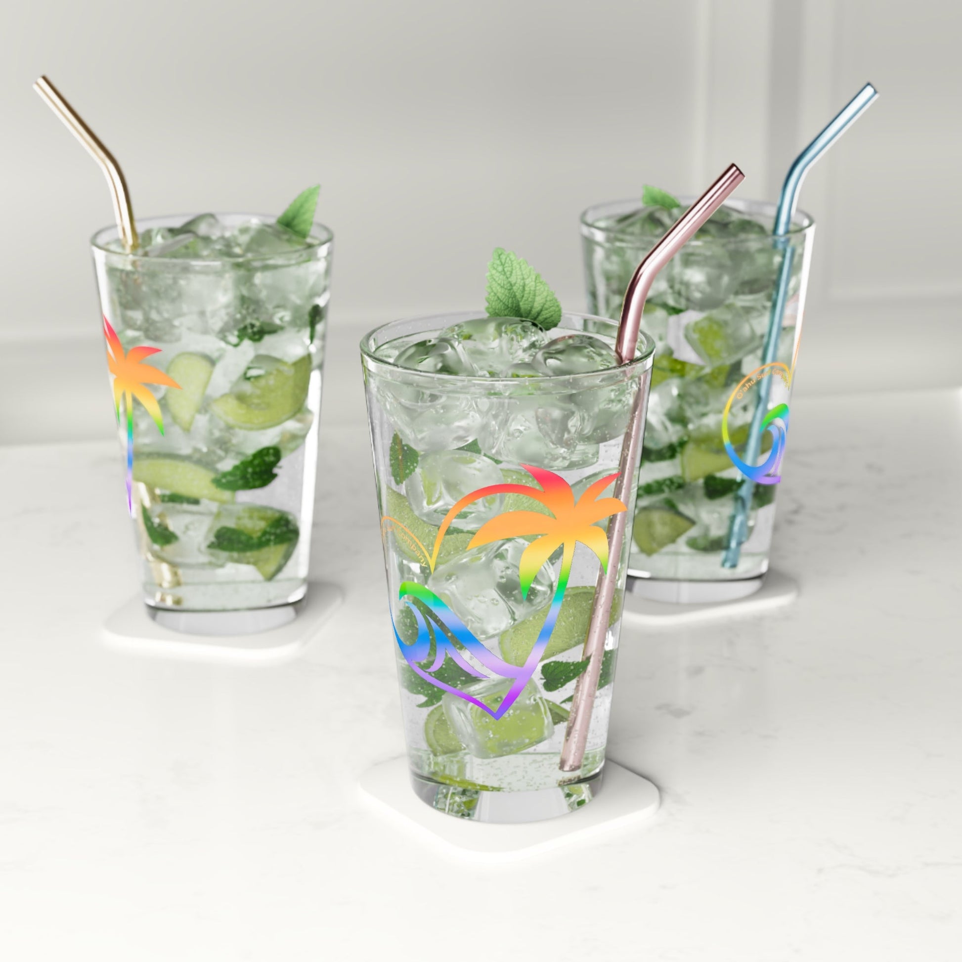 Rainbow Heart Wave Palm Oahu Surf Company Pint Glass - O'ahu Surf Company