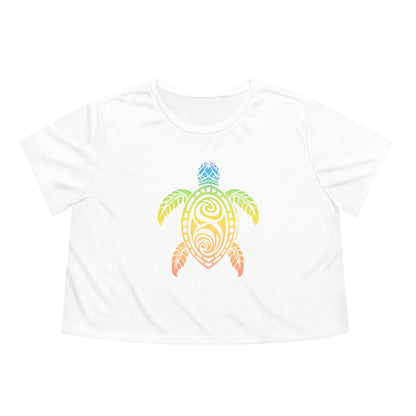 Rainbow Honu Green Sea Turtle Women's Flowy Cropped Tee - O'ahu Surf Company