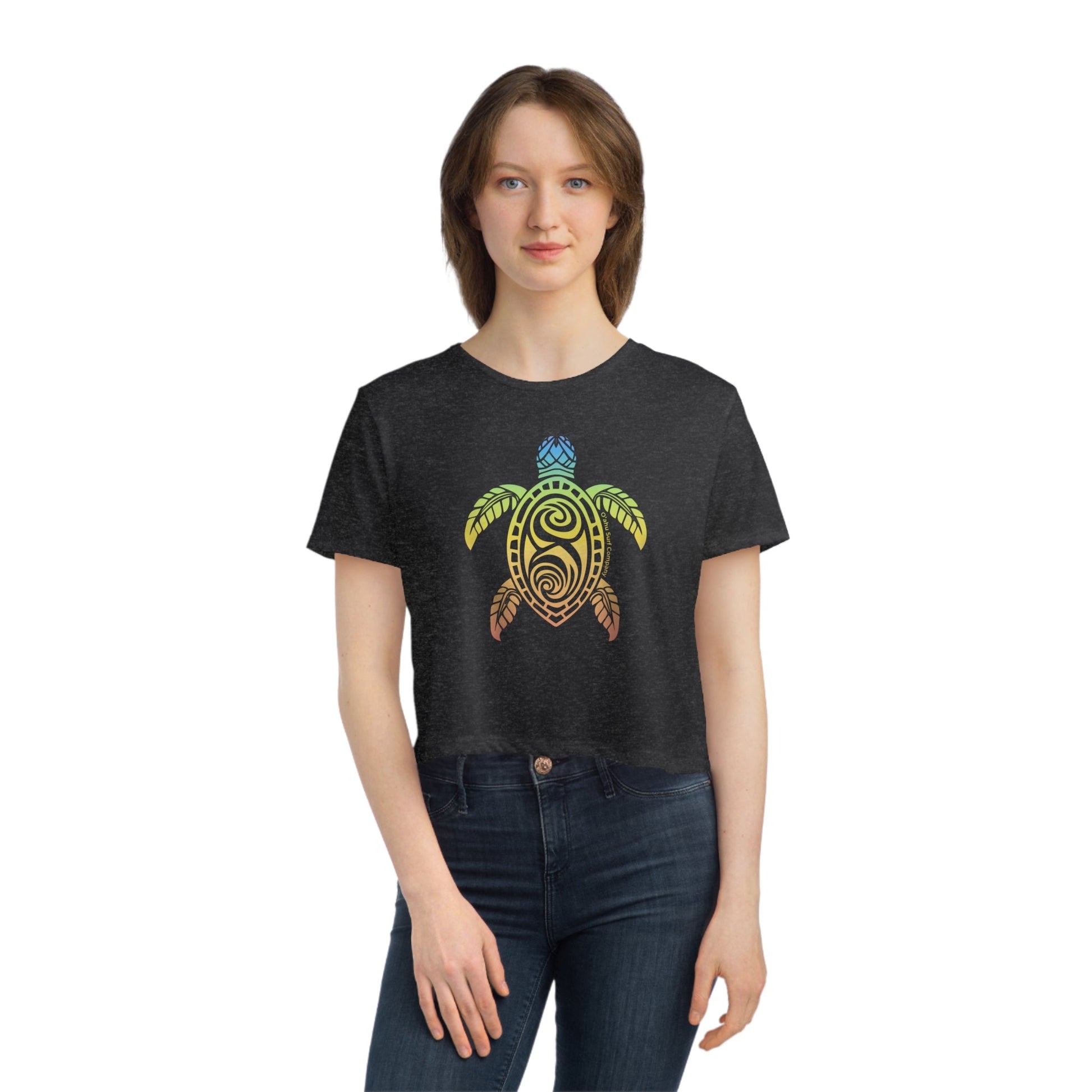 Rainbow Honu Green Sea Turtle Women's Flowy Cropped Tee - O'ahu Surf Company