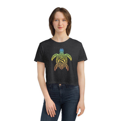 Rainbow Honu Green Sea Turtle Women's Flowy Cropped Tee - O'ahu Surf Company